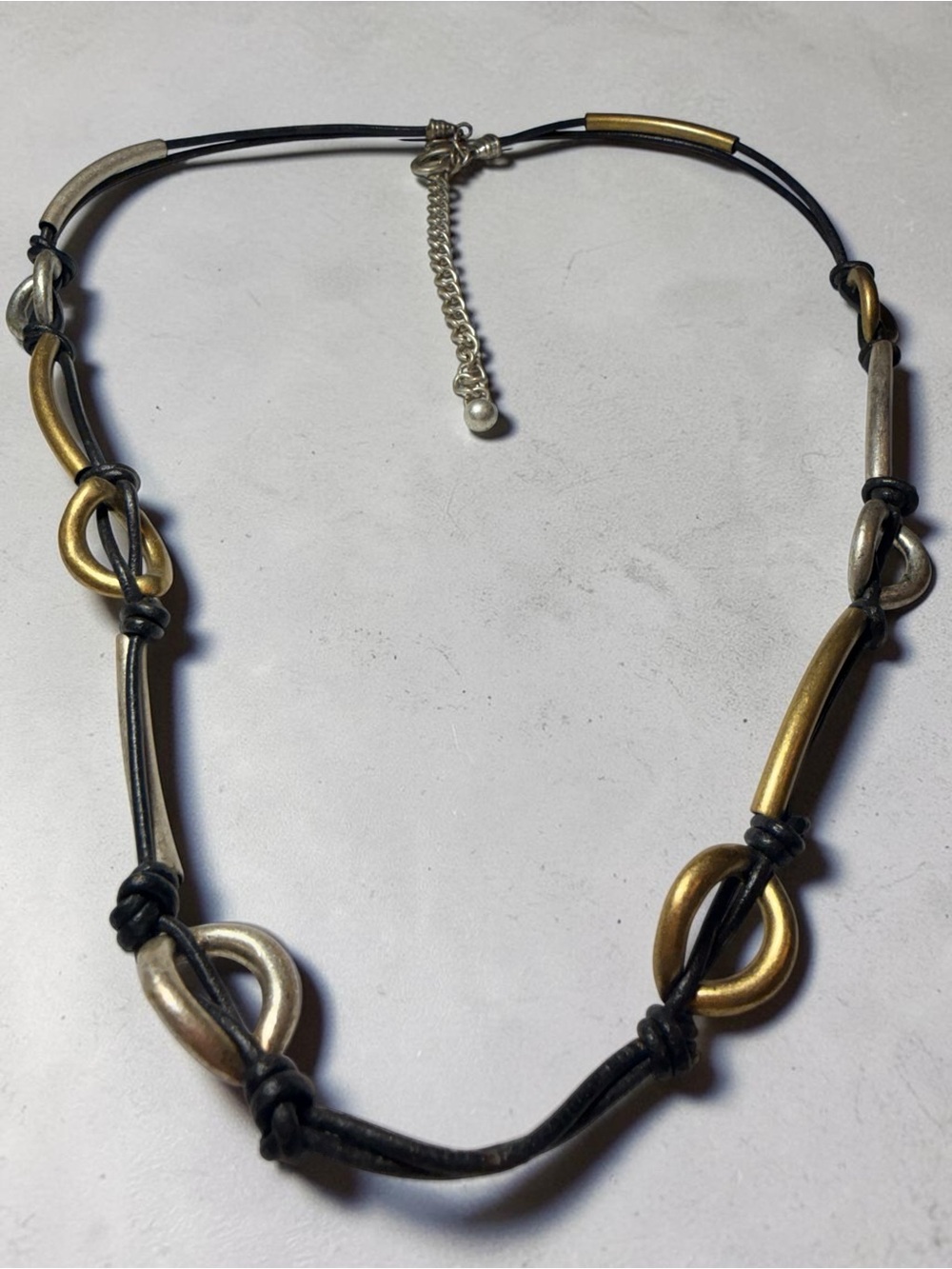 Mixed Metal Leather Loop Necklace - Black with Gold & Silver Accents